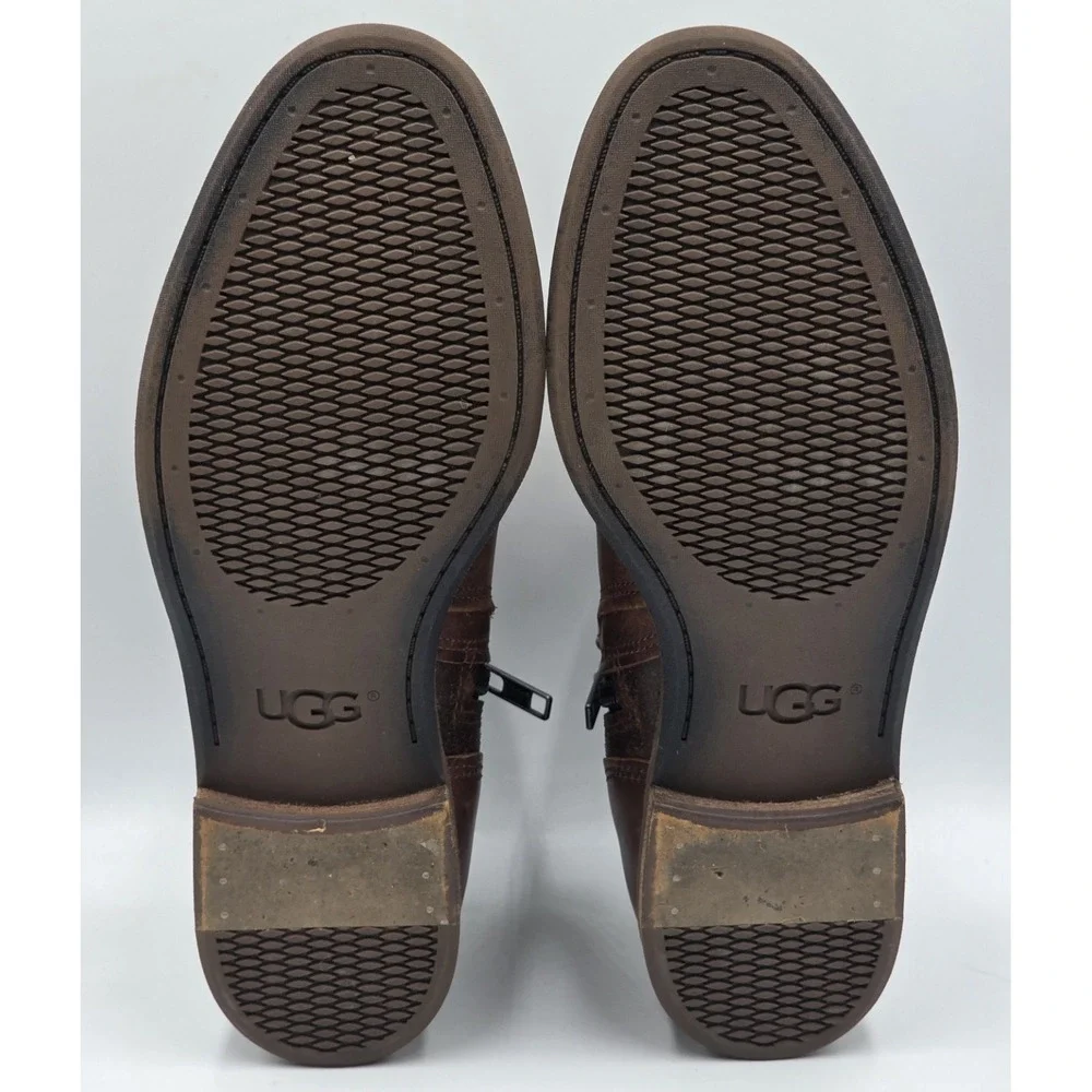 UGG Demi‎ Boot Womens 6 Brown Leather Shearling Lined Ankle Zip Buckle